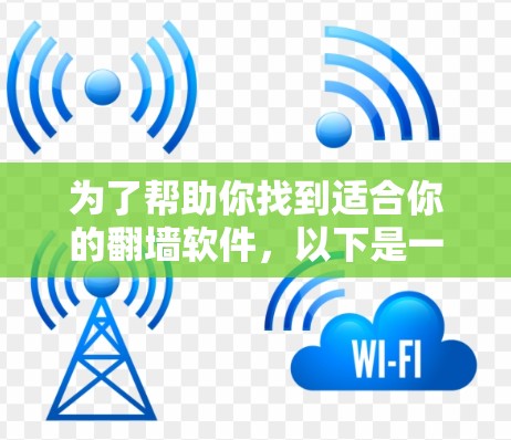 为了帮助你找到适合你的翻墙软件,以下是一些综合考虑的因素和推荐 为了帮助你找到适合你的翻墙软件,以下是一些综合考虑的因素和推荐